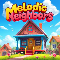 A captivating game splash screen for 'Melodic Neighbors' featuring a single charming house as the focal point