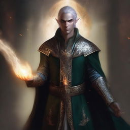 This is a high-quality digital art image showcasing a male Fall Eladrin Elf, depicted as a cleric