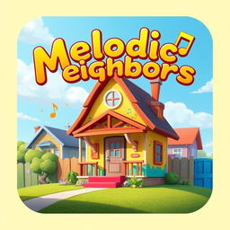 A captivating game splash screen for 'Melodic Neighbors' featuring a single charming house as the focal point