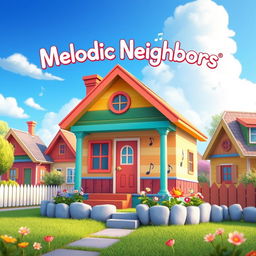 A captivating game splash screen for 'Melodic Neighbors' featuring a single charming house as the focal point
