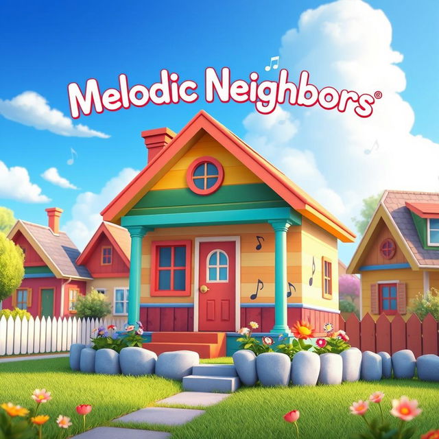 A captivating game splash screen for 'Melodic Neighbors' featuring a single charming house as the focal point