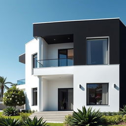 A beautiful view of a three-story building designed in striking complementary colors of black and white