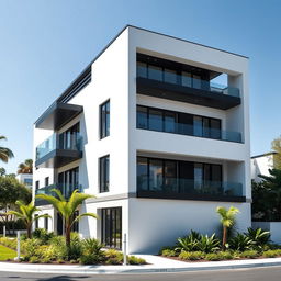 A beautiful view of a three-story building designed in striking complementary colors of black and white