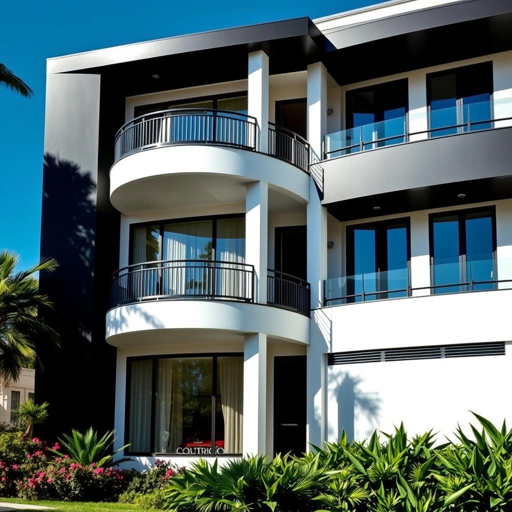 A beautiful view of a three-story building designed in striking complementary colors of black and white
