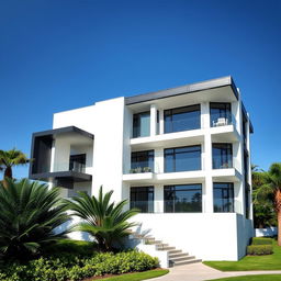 A beautiful view of a three-story building designed in striking complementary colors of black and white