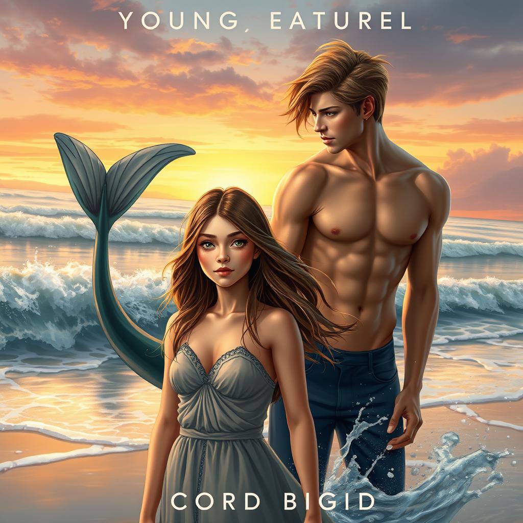 A dynamic young adult novel cover featuring a human girl and a male siren, both depicted as realistic young adults