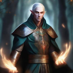 This is a high-quality digital art image showcasing a male Fall Eladrin Elf, depicted as a cleric