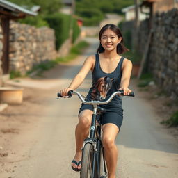 A beautiful Korean woman wearing a black tank top featuring a horse graphic, short black jeans, and flip-flops, riding a vintage bicycle with a gentle smile facing the camera