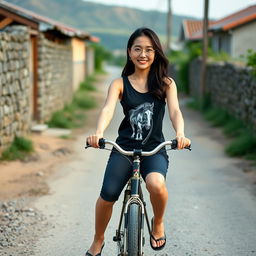 A beautiful Korean woman wearing a black tank top featuring a horse graphic, short black jeans, and flip-flops, riding a vintage bicycle with a gentle smile facing the camera