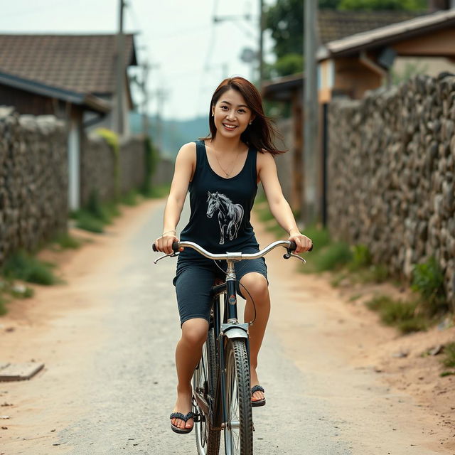 A beautiful Korean woman wearing a black tank top featuring a horse graphic, short black jeans, and flip-flops, riding a vintage bicycle with a gentle smile facing the camera