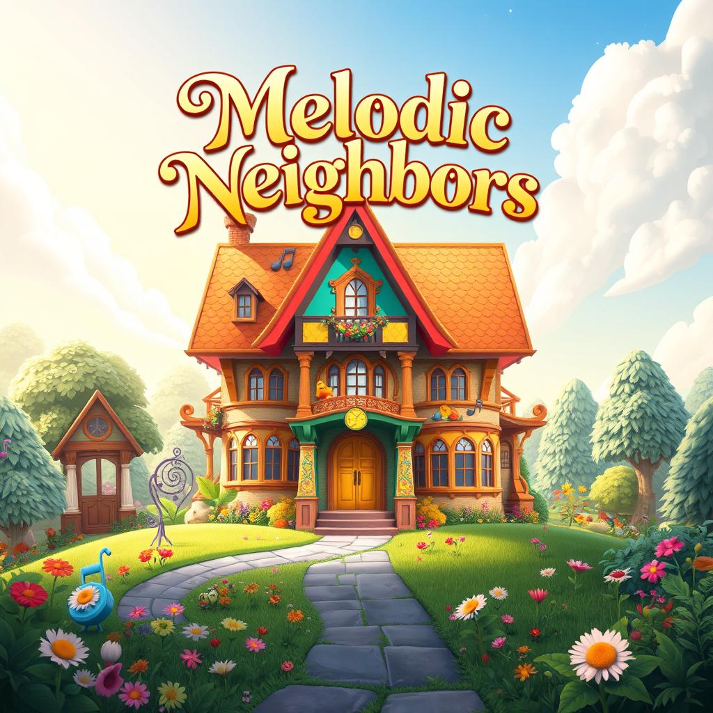 A stunning game splash screen for 'Melodic Neighbors' featuring a single large, enchanting house as the main focal point