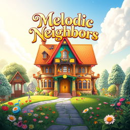 A stunning game splash screen for 'Melodic Neighbors' featuring a single large, enchanting house as the main focal point