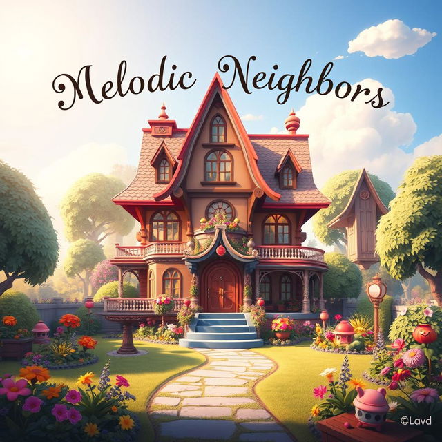 A stunning game splash screen for 'Melodic Neighbors' featuring a single large, enchanting house as the main focal point