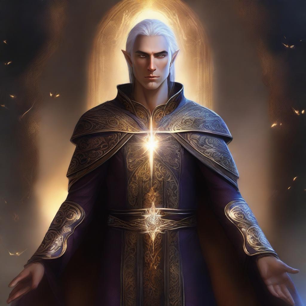 This is a high-quality digital art image showcasing a male Fall Eladrin Elf, depicted as a cleric