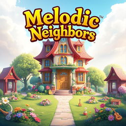 A stunning game splash screen for 'Melodic Neighbors' featuring a single large, enchanting house as the main focal point