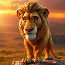 A powerful 3D representation of an older Simba from The Lion King, showcasing the wisdom of age reflected in his deep, expressive eyes and the rich texture of his weathered golden fur