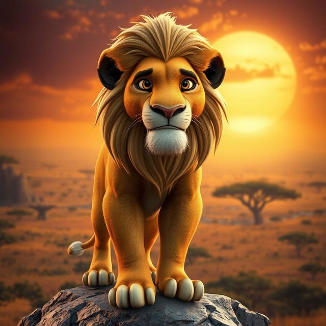 A powerful 3D representation of an older Simba from The Lion King, showcasing the wisdom of age reflected in his deep, expressive eyes and the rich texture of his weathered golden fur