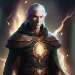 This is a high-quality digital art image showcasing a male Fall Eladrin Elf, depicted as a cleric