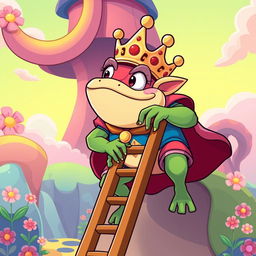 A cartoon-style illustration of King Wart, also known as Mamu, climbing a ladder