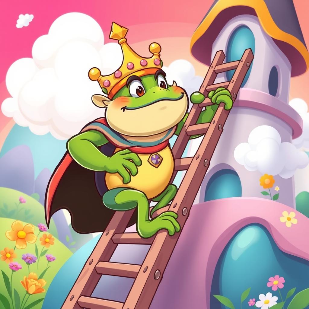 A cartoon-style illustration of King Wart, also known as Mamu, climbing a ladder