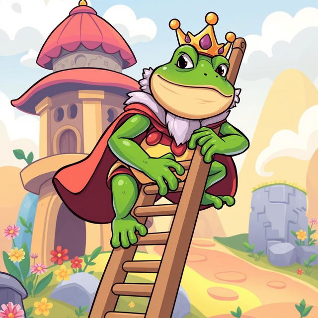 A cartoon-style illustration of King Wart, also known as Mamu, climbing a ladder