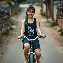 A beautiful Korean woman wearing a black tank top with a horse graphic, black denim shorts, and flip-flops, riding a classic bicycle