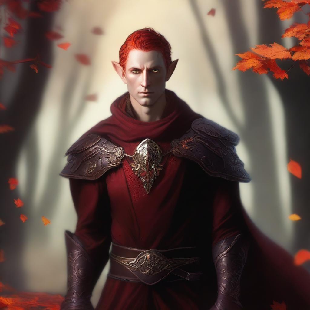 This is a striking digital art image of a male Fall Eladrin Elf, portrayed as a cleric