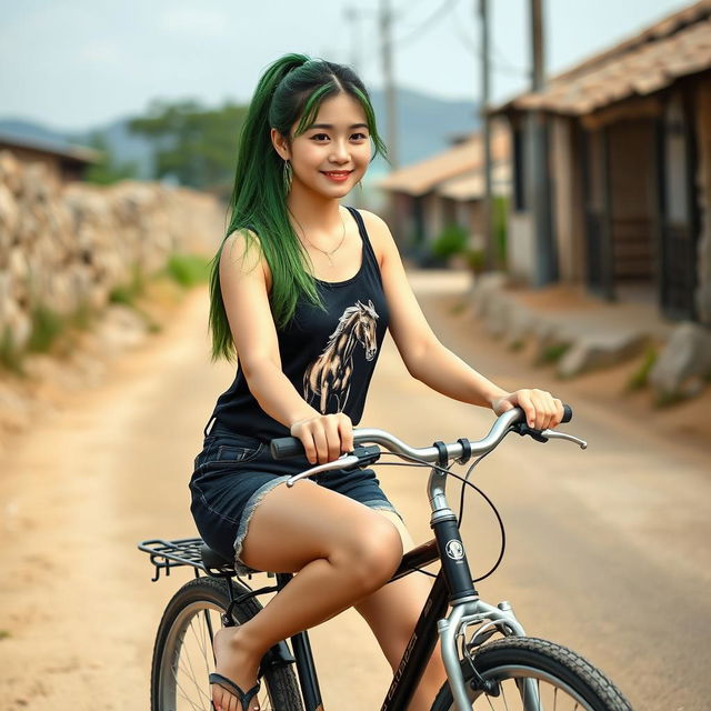 A beautiful Korean woman wearing a black tank top with a horse graphic, black denim shorts, and flip-flops, riding a classic bicycle