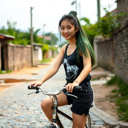A beautiful Korean woman wearing a black tank top with a horse graphic, short black denim shorts, and flip-flops, riding a vintage bicycle