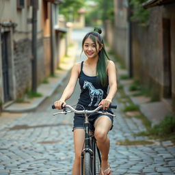 A beautiful Korean woman wearing a black tank top with a horse graphic, short black denim shorts, and flip-flops, riding a vintage bicycle