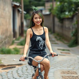 A beautiful Korean woman wearing a black tank top with a horse graphic, short black denim shorts, and flip-flops, riding a vintage bicycle