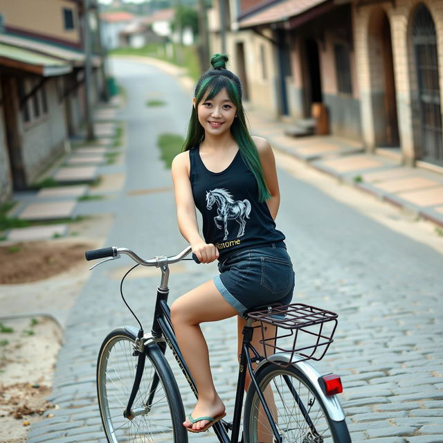 A beautiful Korean woman wearing a black tank top with a horse graphic, short black denim shorts, and flip-flops, riding a vintage bicycle