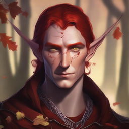 This is a striking digital art image of a male Fall Eladrin Elf, portrayed as a cleric