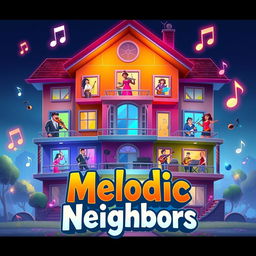 An eye-catching game splash screen for 'Melodic Neighbors' featuring a large, visually striking house that represents the core concept of the game