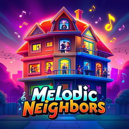 An eye-catching game splash screen for 'Melodic Neighbors' featuring a large, visually striking house that represents the core concept of the game