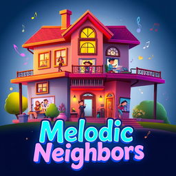 An eye-catching game splash screen for 'Melodic Neighbors' featuring a large, visually striking house that represents the core concept of the game