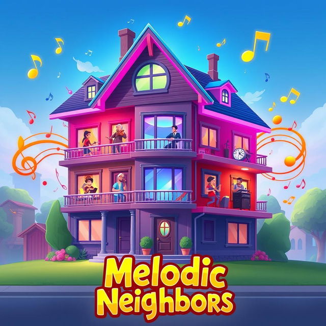 An eye-catching game splash screen for 'Melodic Neighbors' featuring a large, visually striking house that represents the core concept of the game