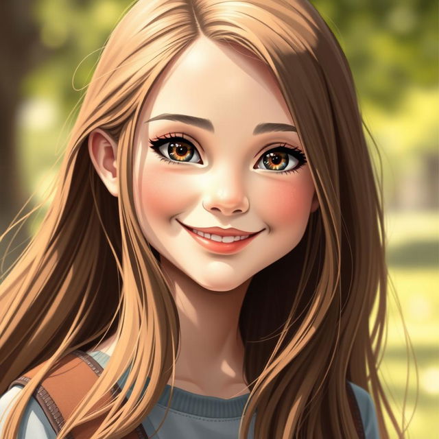 A detailed portrait of a human girl, depicted as a young adult with expressive features and an inviting smile