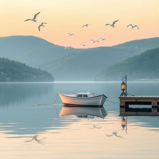 A peaceful harbor scene at dawn, featuring a small boat being berthed alongside a wooden dock