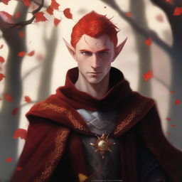 This is a striking digital art image of a male Fall Eladrin Elf, portrayed as a cleric