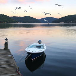 A peaceful harbor scene at dawn, featuring a small boat being berthed alongside a wooden dock