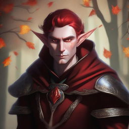 This is a striking digital art image of a male Fall Eladrin Elf, portrayed as a cleric