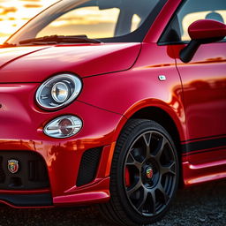 A stunning close-up of a red Abarth 595, showcasing its distinctive sporty design, aggressive lines, and unique Italian flair