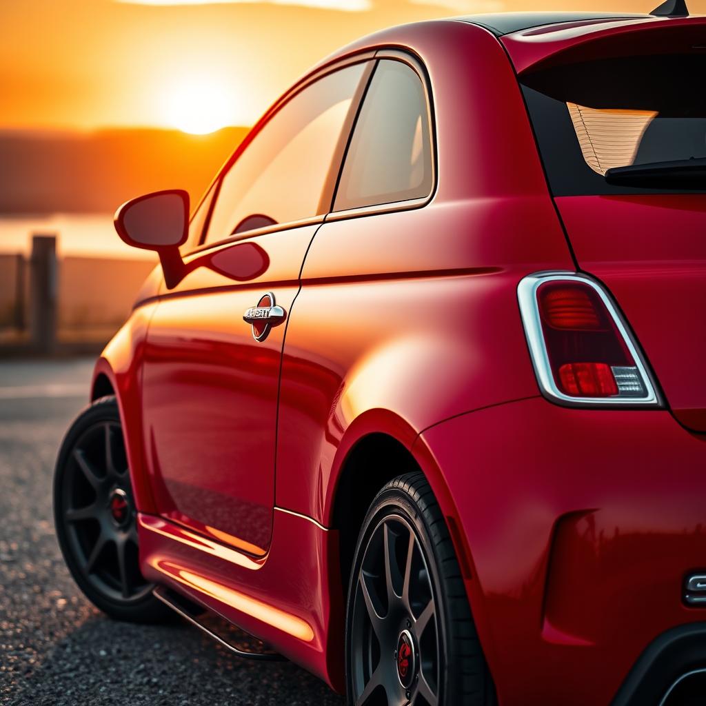 A stunning close-up of a red Abarth 595, showcasing its distinctive sporty design, aggressive lines, and unique Italian flair