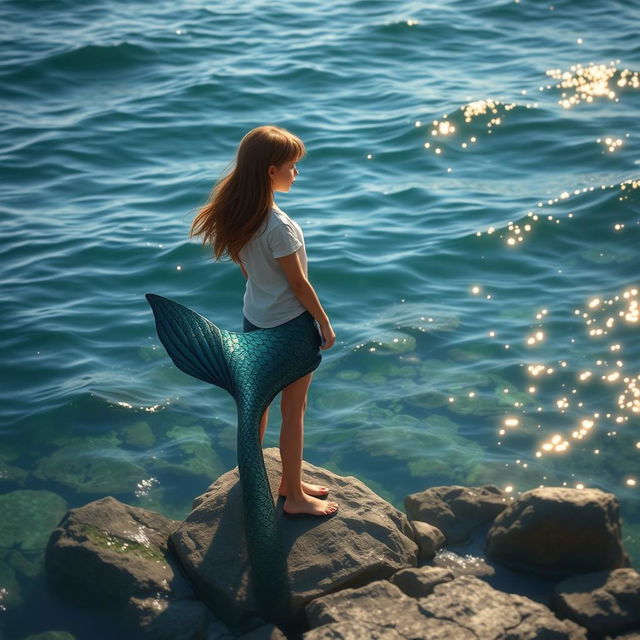 A captivating scene of a human girl standing on rugged rocks by the water's edge, gazing intently at the shimmering surface of the sea