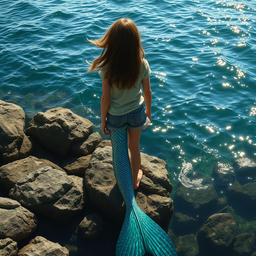 A captivating scene of a human girl standing on rugged rocks by the water's edge, gazing intently at the shimmering surface of the sea