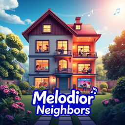 A visually stunning and professional game splash screen for 'Melodic Neighbors' focusing on a single large house that encapsulates the game's theme