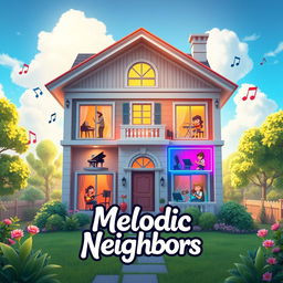 A visually stunning and professional game splash screen for 'Melodic Neighbors' focusing on a single large house that encapsulates the game's theme