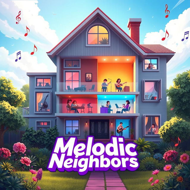 A visually stunning and professional game splash screen for 'Melodic Neighbors' focusing on a single large house that encapsulates the game's theme