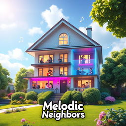A visually stunning and professional game splash screen for 'Melodic Neighbors' focusing on a single large house that encapsulates the game's theme